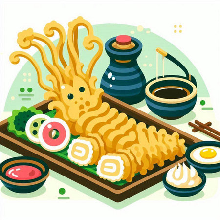 Illustration of Japanese food with octopus, soy sauce and chopsticksのイラスト素材