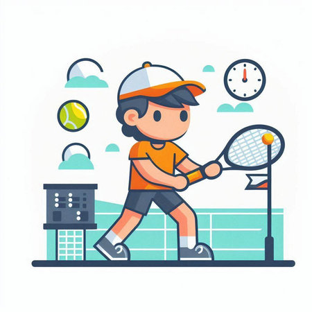 Boy playing tennis on a tennis court. Vector illustration in cartoon style.のイラスト素材