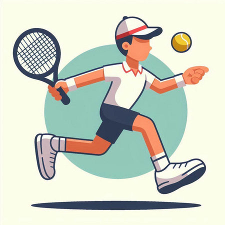 Tennis player in action, vector illustration. Flat style design.のイラスト素材