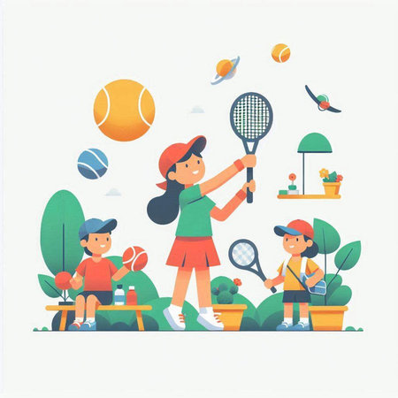 Children playing tennis. Flat style vector illustration. Kids playing tennis.のイラスト素材