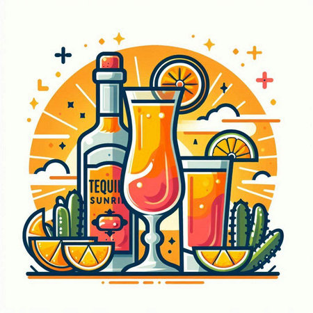 Cocktail with tequila, lime and cactus. Vector illustrationのイラスト素材