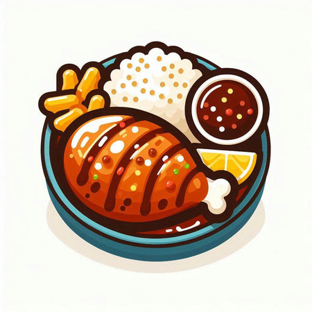 Illustration of grilled chicken with rice and sauce on a white backgroundのイラスト素材