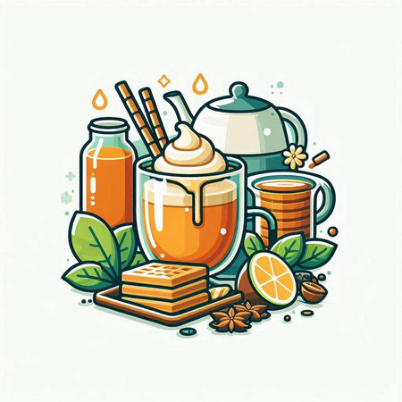 Cup of hot tea with cinnamon, honey, lemon and mint. Vector illustration.のイラスト素材