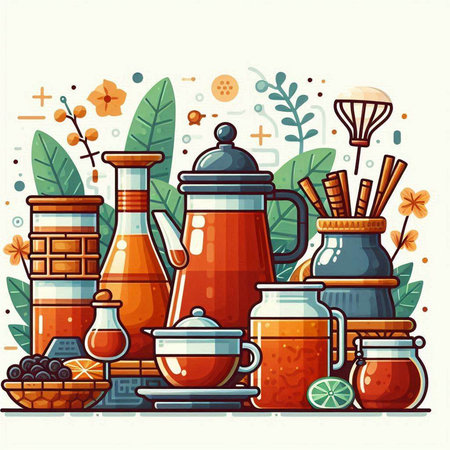 Tea set. Teapot, cups and teacups. Vector illustration.のイラスト素材