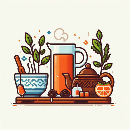 Vector illustration of tea ceremony. Teapot, cup, bowl, teacup, leaves.のイラスト素材
