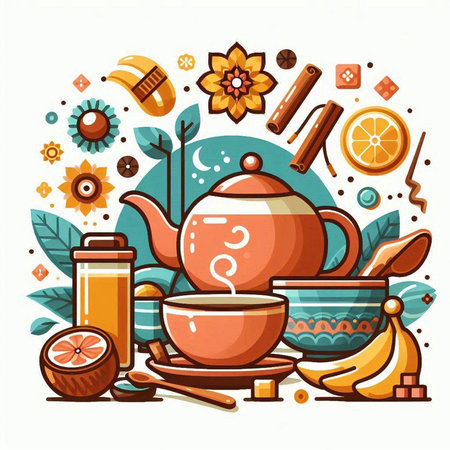 Tea time vector illustration with teapot, cup, teacup, cinnamon sticks, oranges and other elements.のイラスト素材