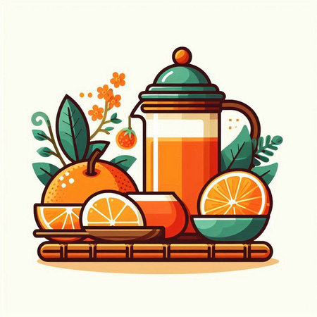 Citrus juice in a glass teapot. Vector illustration.のイラスト素材