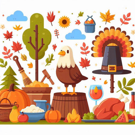 Thanksgiving holiday background with traditional symbols and objects. Vector illustration.のイラスト素材