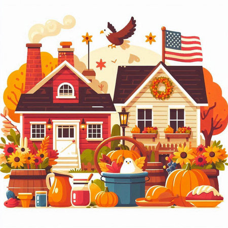 Thanksgiving day vector illustration. Country house with pumpkins, Thanksgiving basket, turkey, pumpkin, cornucopia and american flag.のイラスト素材