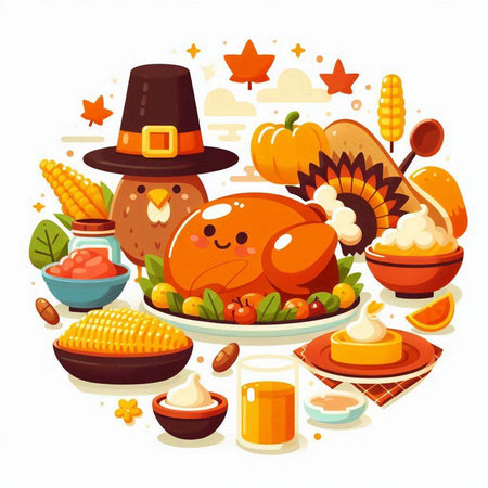 Thanksgiving day holiday background with turkey, pumpkin, pilgrim hat and food. Vector illustrationのイラスト素材