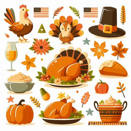 Thanksgiving day icons set with turkey, turkey, pumpkin, turkey, turkey, turkey, turkey, turkey, turkey, turkey, turkey, turkey, turkey, turkey, turkey, turkey, turkey, turkeyのイラスト素材