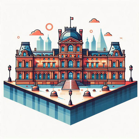 Cityscape with old building and fountain. Vector illustration in retro style.のイラスト素材