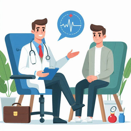 Doctor and patient sitting in armchair and talking. Vector illustration in cartoon styleのイラスト素材