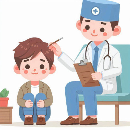 Illustration of a Doctor and a Little Boy Sitting on a Chairのイラスト素材