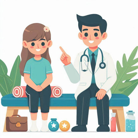 Cute little girl sitting on a bench with a doctor. Vector illustration.のイラスト素材