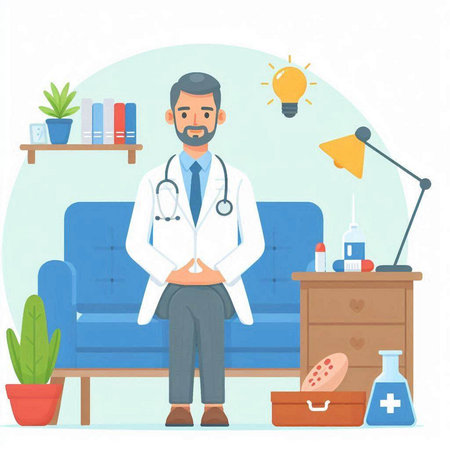 Doctor with stethoscope sitting on couch in room. Vector illustrationのイラスト素材