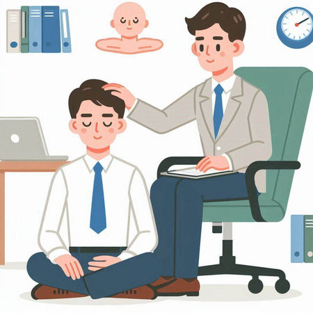 Businessman sitting on the chair and looking at his boss. Vector illustration.のイラスト素材