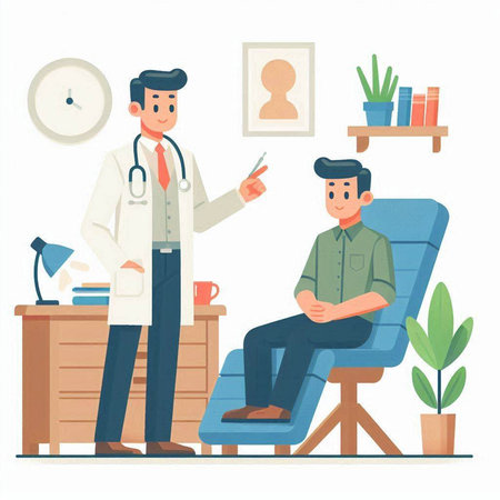 Doctor and patient in medical office. Vector illustration in cartoon style.のイラスト素材