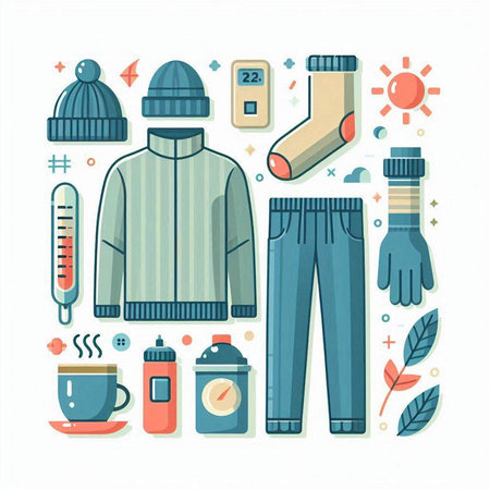 Winter clothes and accessories. Vector illustration in flat style. Winter clothing.のイラスト素材