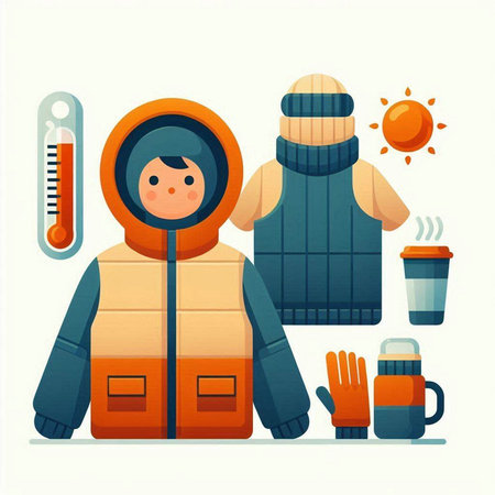 Winter sports and recreation concept. Cartoon vector illustration of a man in a warm jacket with a hood and a thermo mugのイラスト素材
