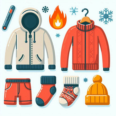 Winter clothes icon set. Vector illustration in flat style. Warm clothing.のイラスト素材