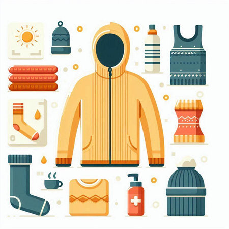 Winter sporty clothes and accessories for cold weather. Vector illustration.のイラスト素材