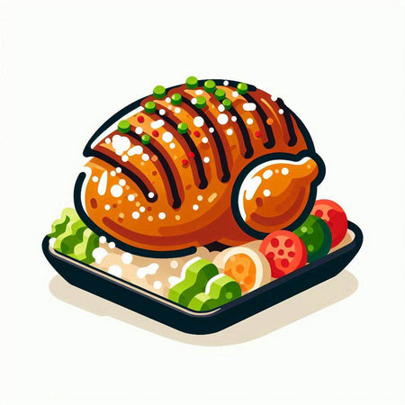 Grilled chicken with rice and vegetables on a plate. Vector illustration.のイラスト素材