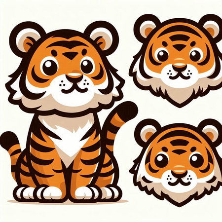 Set of cute tiger faces. Vector illustration isolated on white background.のイラスト素材