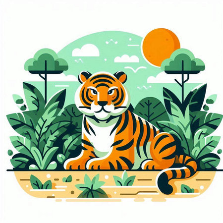 Cute tiger in the jungle. Vector illustration in flat style.のイラスト素材