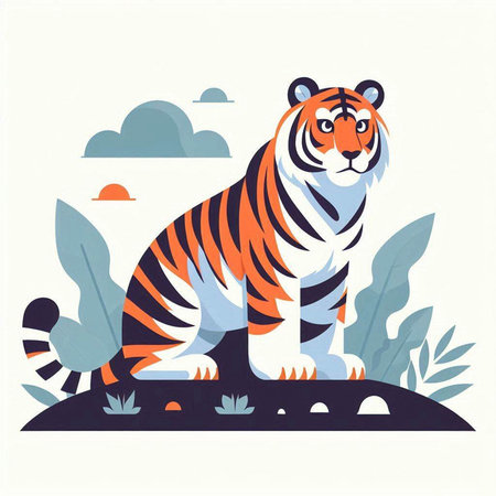 Tiger in the jungle. Wild animal. Vector illustration in flat style.のイラスト素材