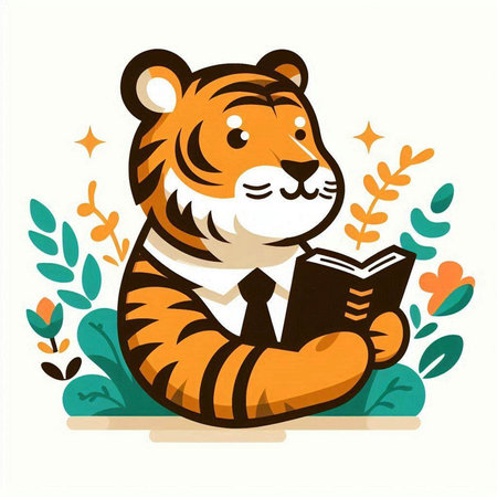 Cute tiger reading a book. Vector illustration in cartoon style.のイラスト素材