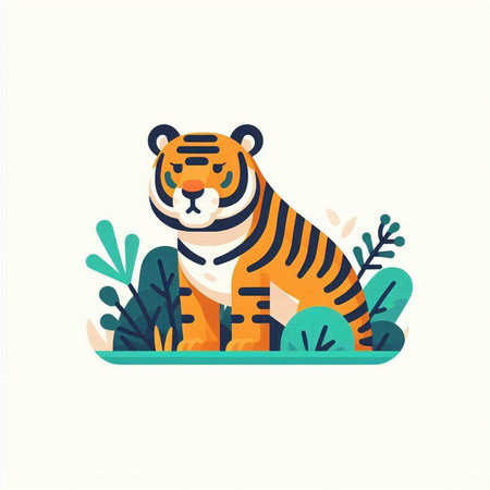 Cute tiger in the jungle. Vector illustration in flat style.のイラスト素材