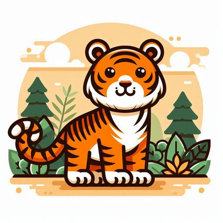 Cute tiger on the background of the forest. Vector illustration.のイラスト素材