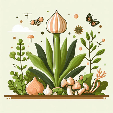 Vector illustration of a garden with plants, mushrooms, leaves and insectsのイラスト素材