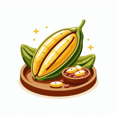 Illustration of a Cacao fruit with some beans on a white backgroundのイラスト素材