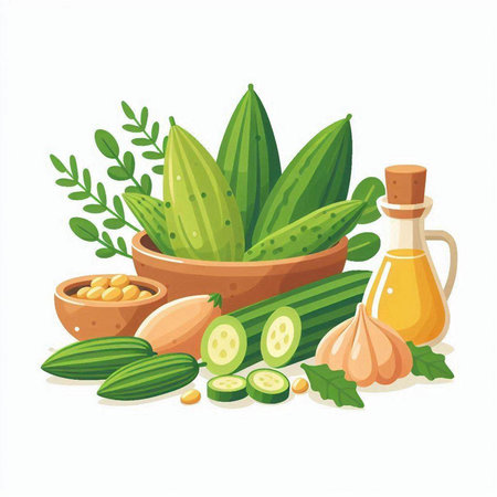 Cucumber, garlic, olive oil, spices and herbs. Vector illustrationのイラスト素材