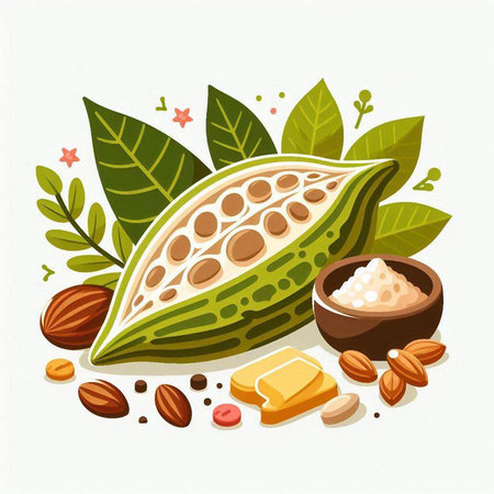 Cacao beans, cocoa butter, chocolate, nuts and leaves. Vector illustration.のイラスト素材
