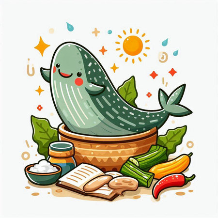 Illustration of a Cute Green Whale in a Bowl with Herbsのイラスト素材