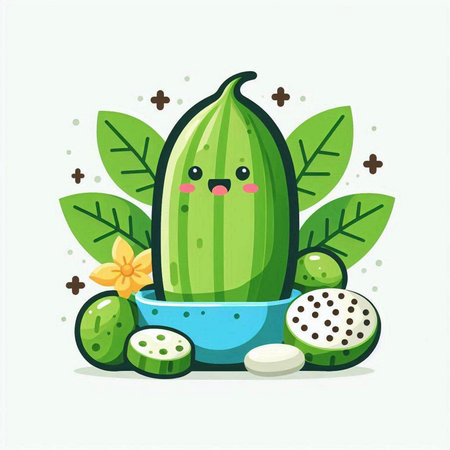Cute kawaii cactus character with leaves and fruits. Vector illustration.のイラスト素材