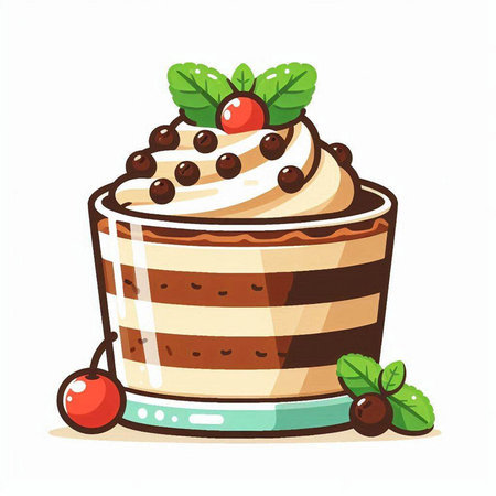 Cake with cream and cherry on a white background. Vector illustration.のイラスト素材