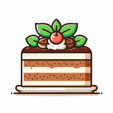 Piece of chocolate cake decorated with cherry and mint. Vector illustration.のイラスト素材