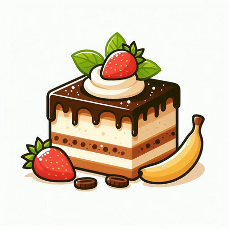 Illustration of a chocolate cake with strawberries and bananas on a white backgroundのイラスト素材