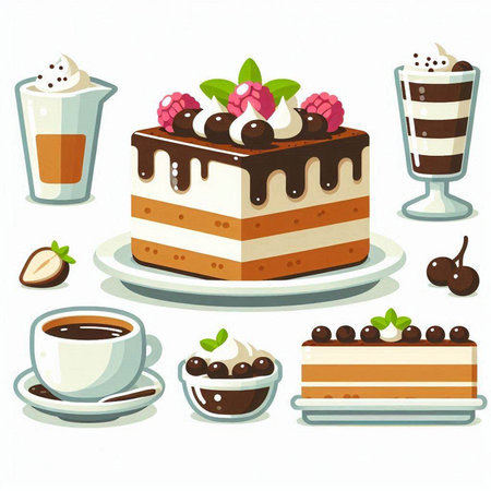 Illustration of a set of different types of coffee and cakes.のイラスト素材