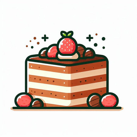 Vector illustration of a piece of cake with strawberries and cherries.のイラスト素材
