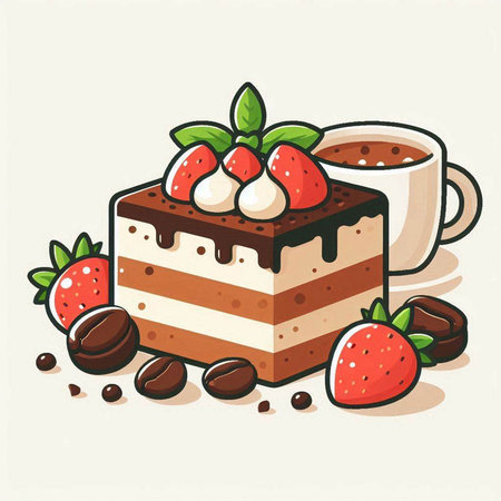 Coffee cup with chocolate cake and strawberries. Vector illustration.のイラスト素材