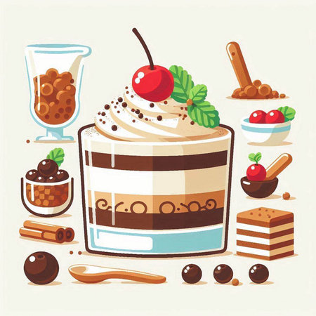 Vector illustration of a chocolate cake with whipped cream, cherry, cinnamon, coffee beans, cocoa powder, sugar cubes, spoon, cup of coffee, chocolate chips, cinnamon sticks, mint.のイラスト素材