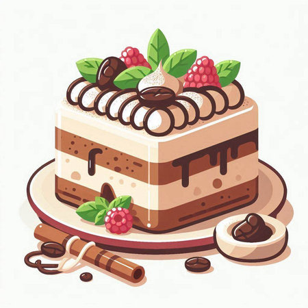 Chocolate cake with cream and berries. Vector illustration in flat styleのイラスト素材