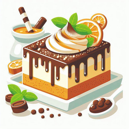 Vector illustration of a piece of chocolate cake decorated with whipped cream, orange slices, chocolate candies and mint leaves.のイラスト素材