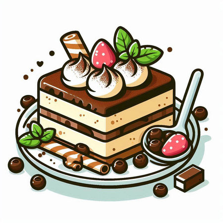 Illustration of a piece of tiramisu cake on a plate with whipped cream and chocolateのイラスト素材