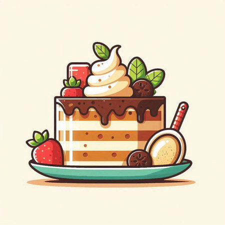 Cake with whipped cream and strawberries. Vector illustration in cartoon style.のイラスト素材